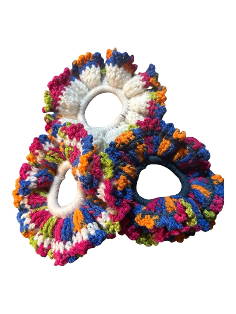 Hand Crafted Multicolor Crochet Scrunchie Set - White, Blue, Pink, Orange, Green